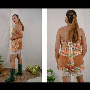 Handmade 1970s Floral Towel Corset Top and Short Set